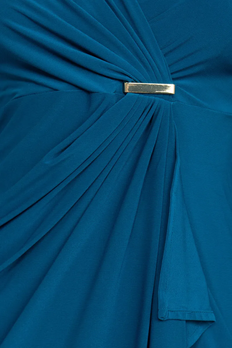 Emma & Michele V-Neck Gathered Front 3/4 Sleeve Solid Jersey Dress