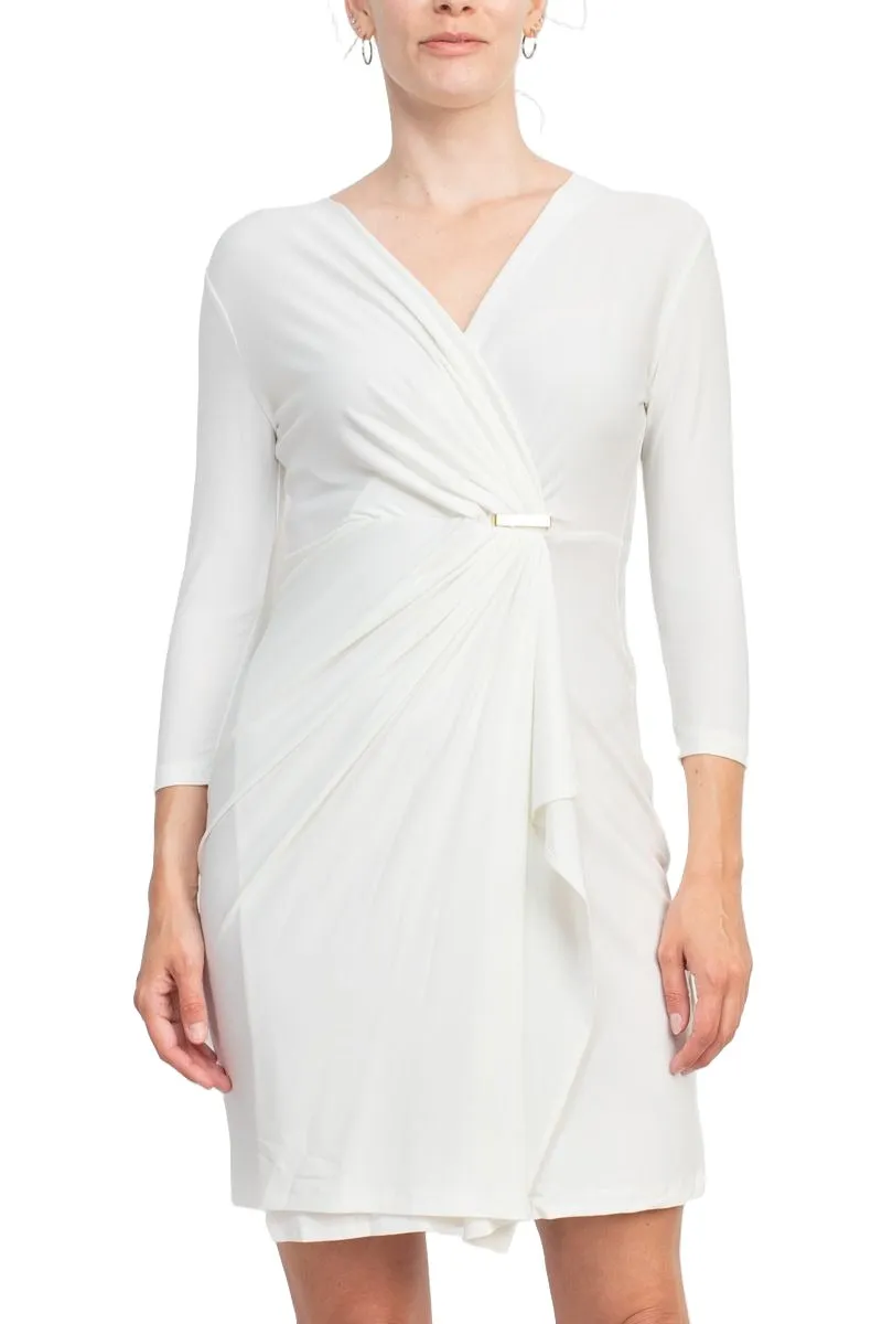 Emma & Michele V-Neck Gathered Front 3/4 Sleeve Solid Jersey Dress