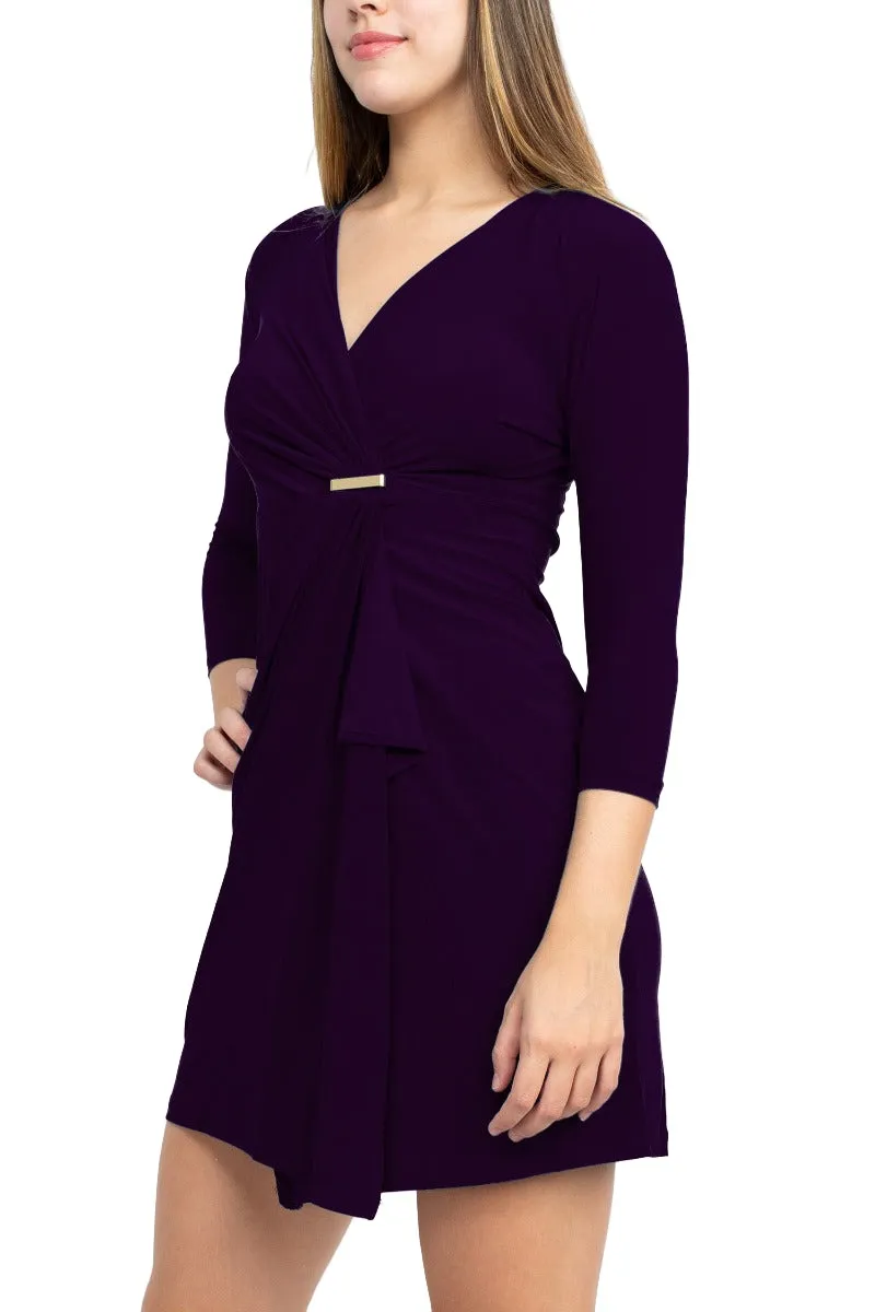 Emma & Michele V-Neck Gathered Front 3/4 Sleeve Solid Jersey Dress