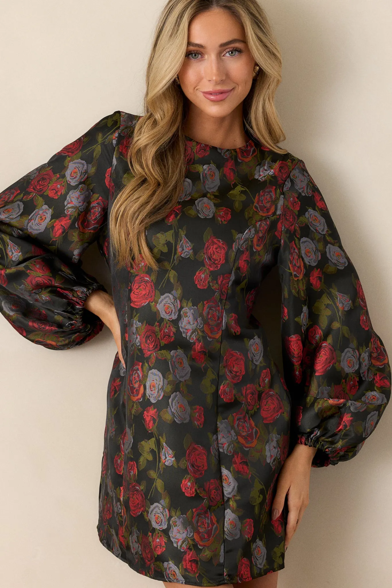 Enchanted Petals Black Floral Balloon Sleeve Mini Dress