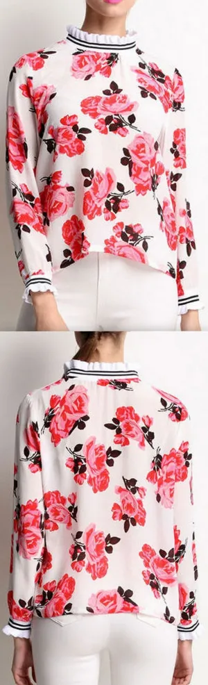 Floral-Printed Ruffled Silk Blouse