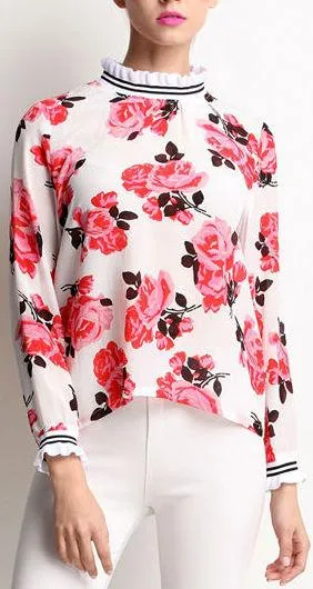 Floral-Printed Ruffled Silk Blouse
