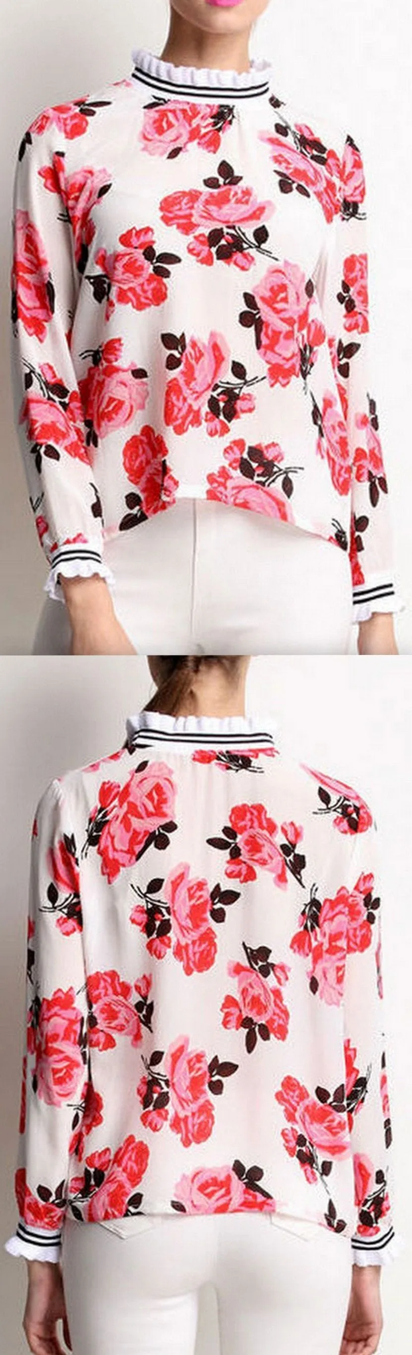 Floral-Printed Ruffled Silk Blouse