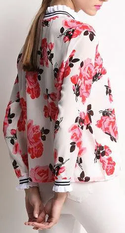 Floral-Printed Ruffled Silk Blouse
