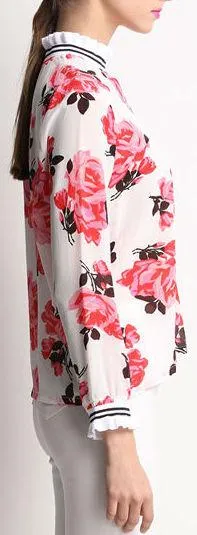 Floral-Printed Ruffled Silk Blouse