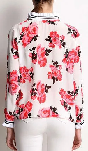 Floral-Printed Ruffled Silk Blouse