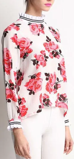 Floral-Printed Ruffled Silk Blouse