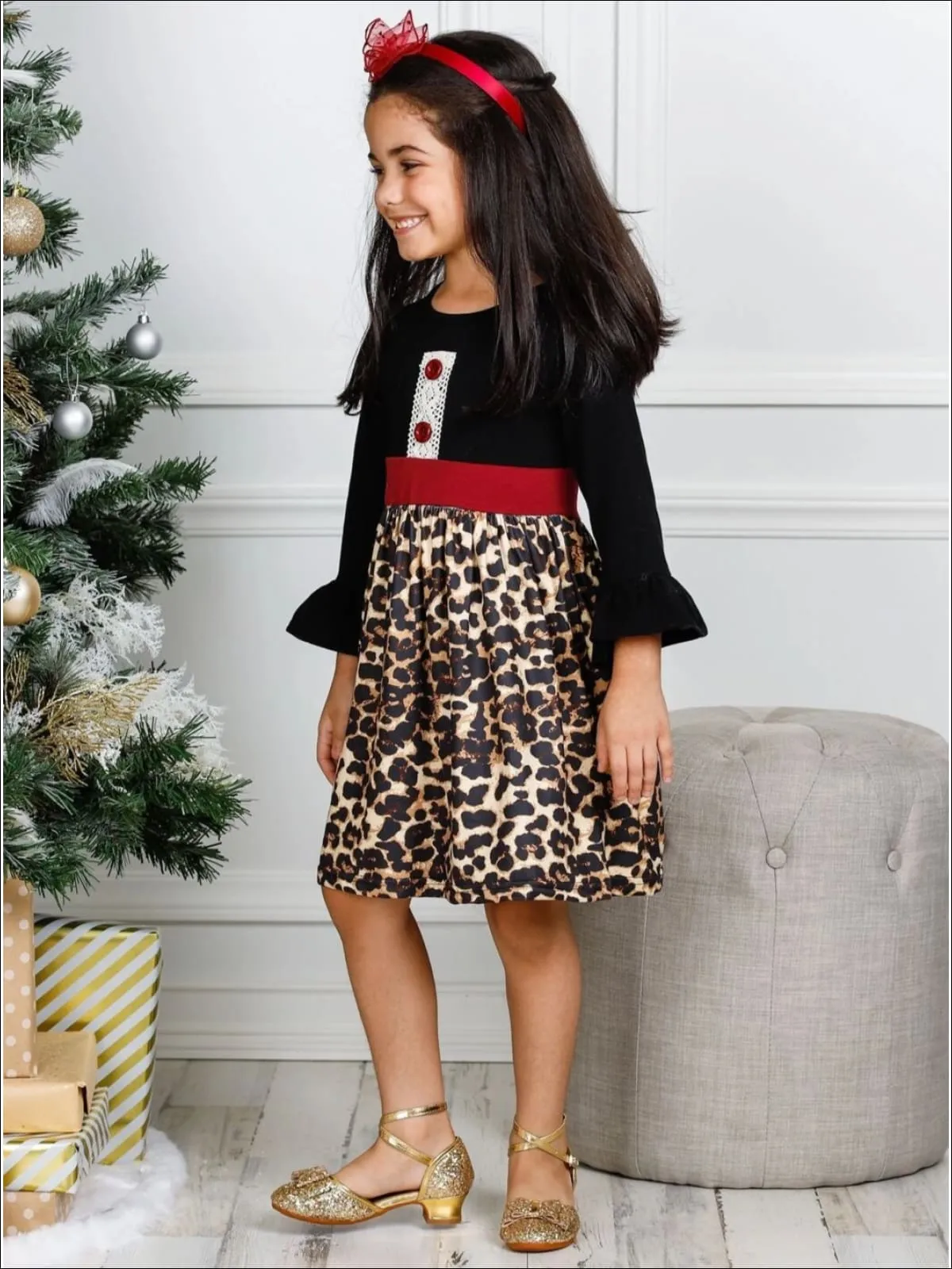 Girls Faux Buttoned Crochet Animal Print Long Ruffled Sleeve Dress