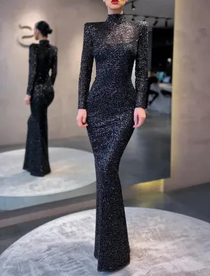Gown Elegant Formal Cocktail Party Floor Length Long Sleeve High Neck Sequined with Sequin Evening Dress