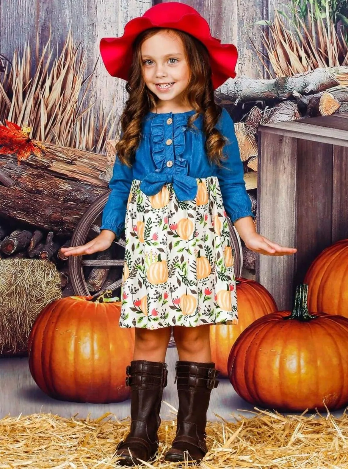 Happy Harvest Chambray Bodice Pumpkin Dress