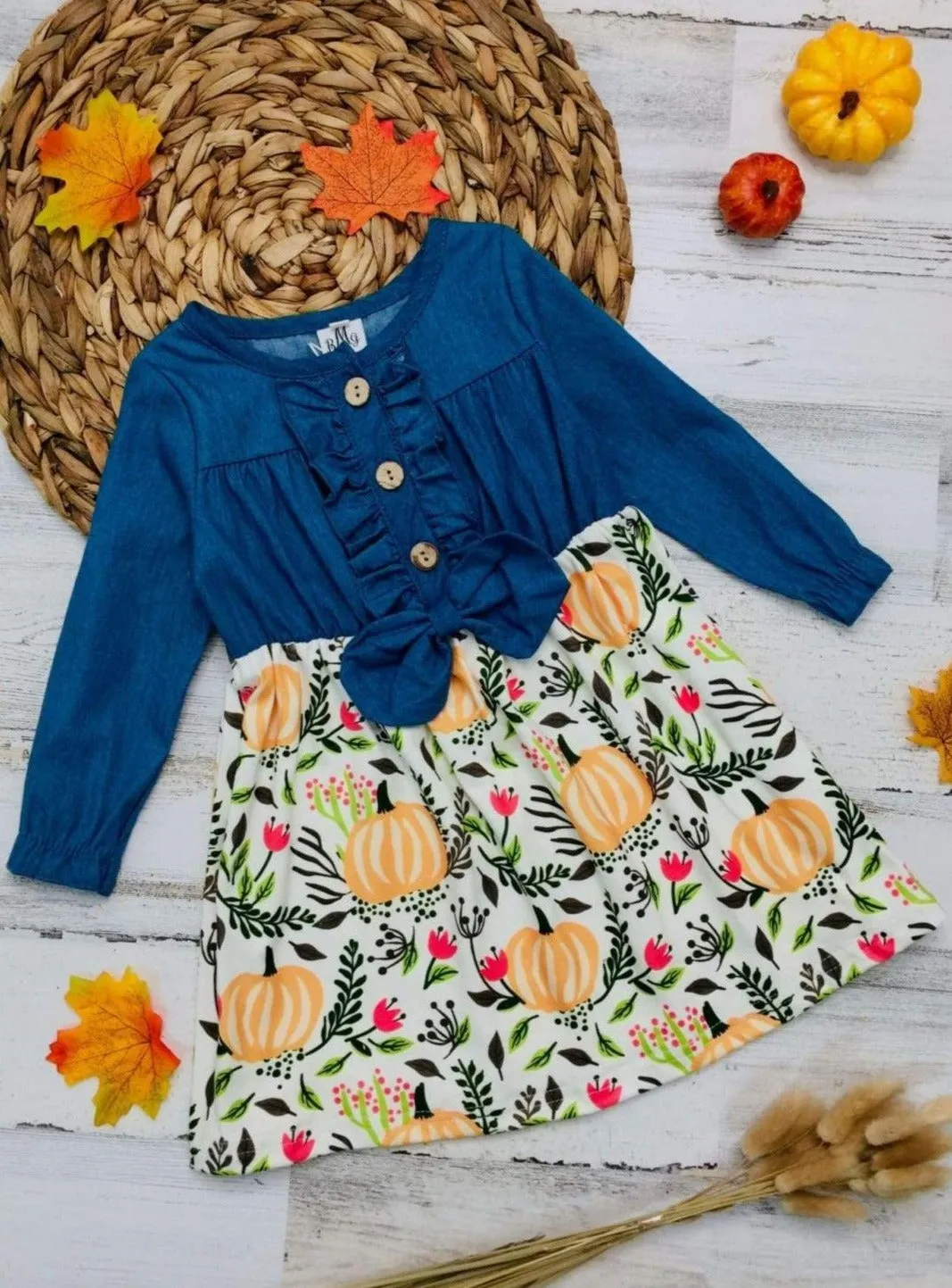 Happy Harvest Chambray Bodice Pumpkin Dress