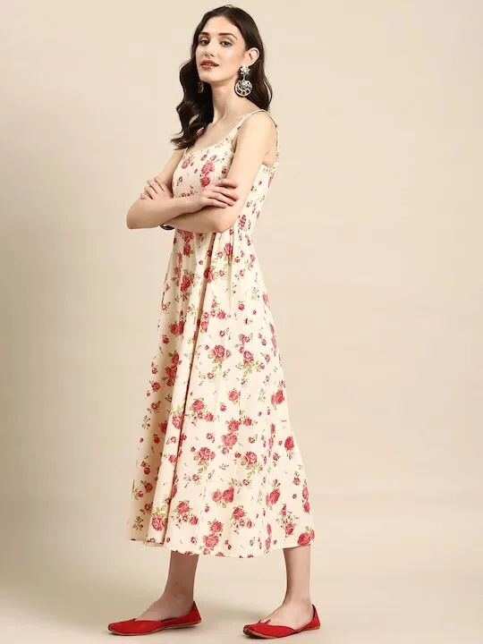 Indian Shoulder Strap Flared Floral Printed Midi Dress
