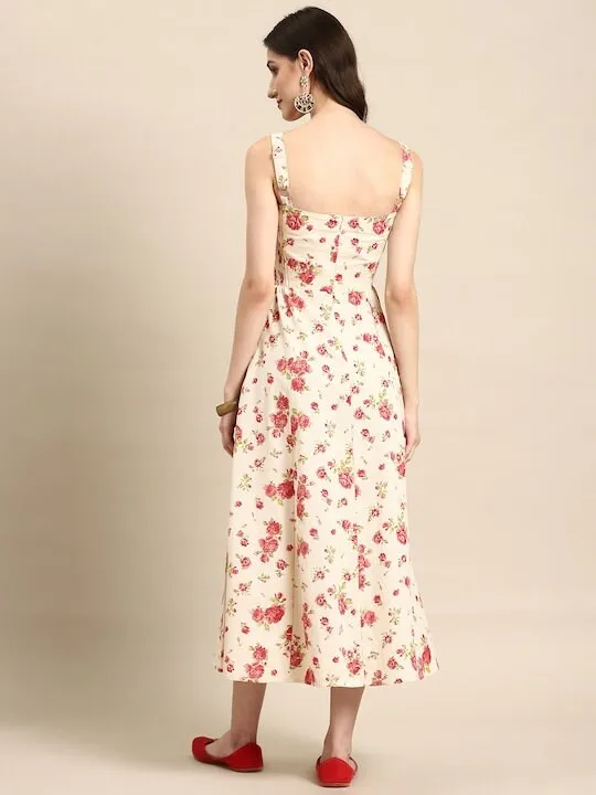 Indian Shoulder Strap Flared Floral Printed Midi Dress