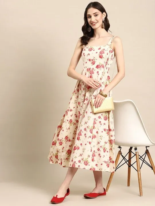 Indian Shoulder Strap Flared Floral Printed Midi Dress