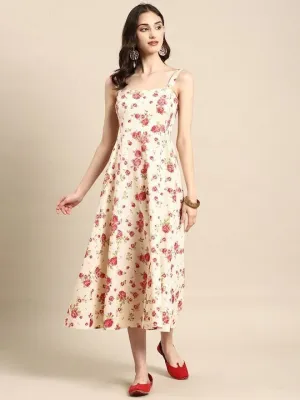 Indian Shoulder Strap Flared Floral Printed Midi Dress