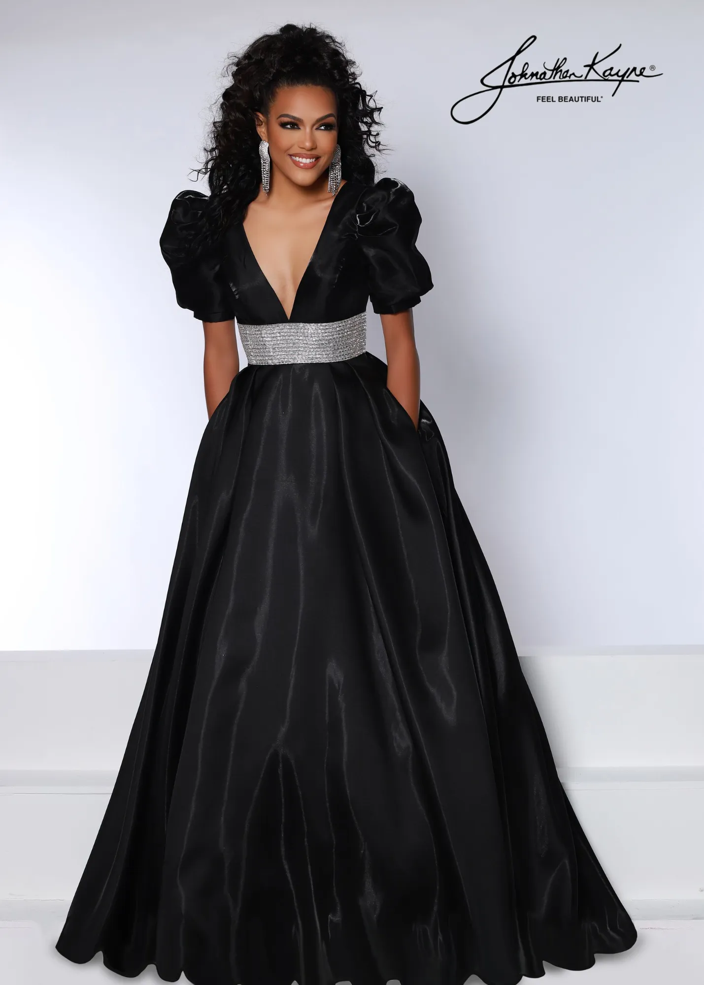 Johnathan Kayne 2692 Shimmer Satin A Line Puff Sleeve Prom Dress Crystal Waist Pageant Gown