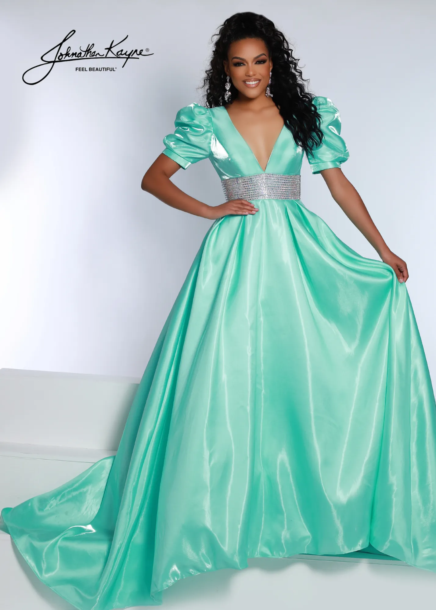 Johnathan Kayne 2692 Shimmer Satin A Line Puff Sleeve Prom Dress Crystal Waist Pageant Gown