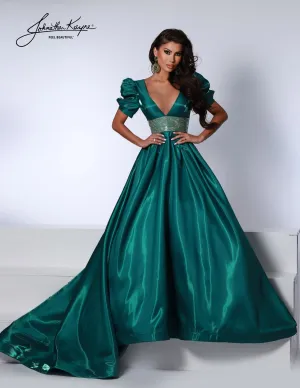 Johnathan Kayne 2692 Shimmer Satin A Line Puff Sleeve Prom Dress Crystal Waist Pageant Gown