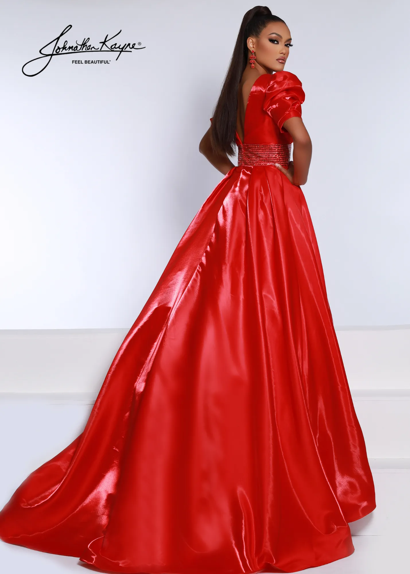 Johnathan Kayne 2692 Shimmer Satin A Line Puff Sleeve Prom Dress Crystal Waist Pageant Gown
