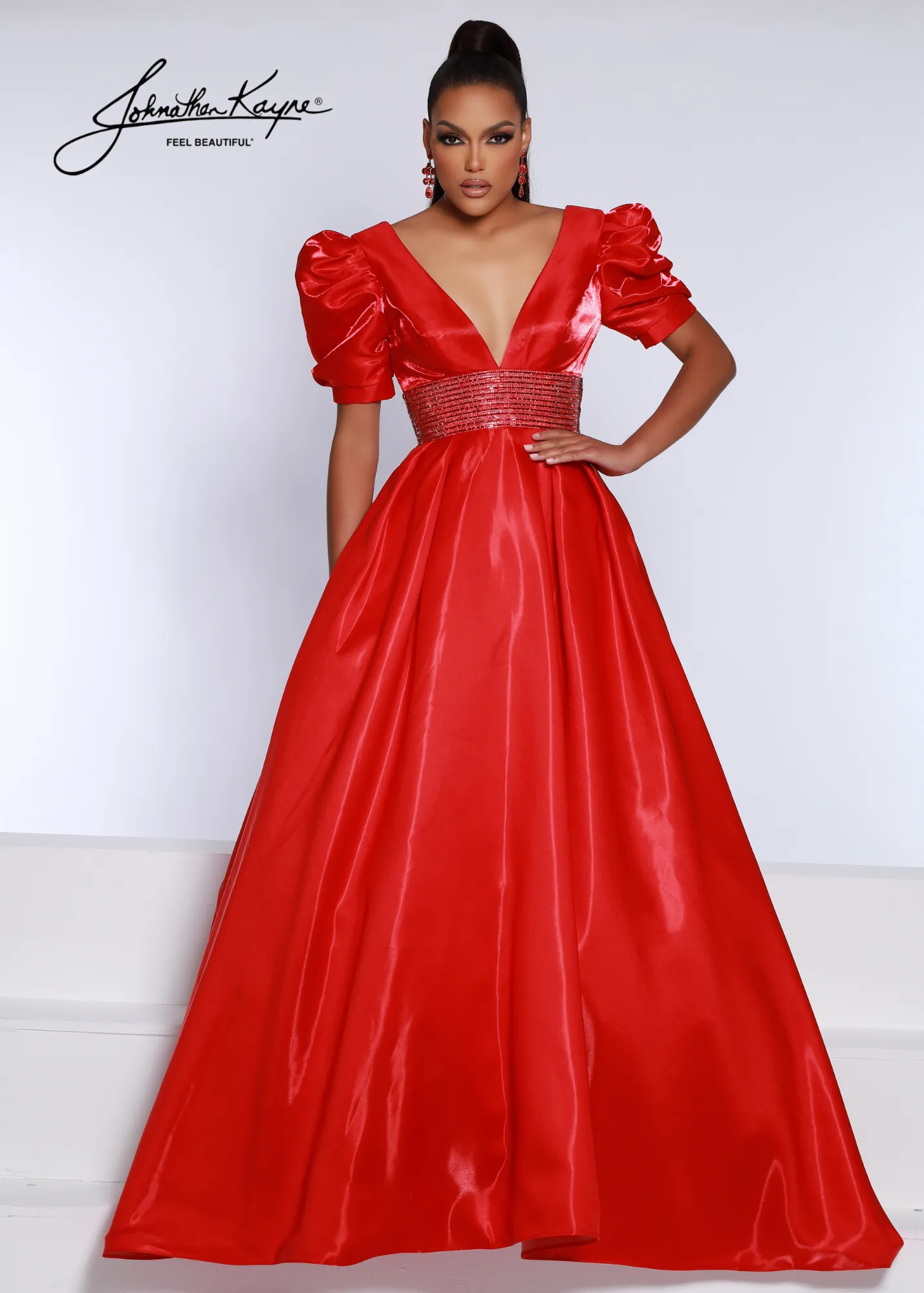 Johnathan Kayne 2692 Shimmer Satin A Line Puff Sleeve Prom Dress Crystal Waist Pageant Gown