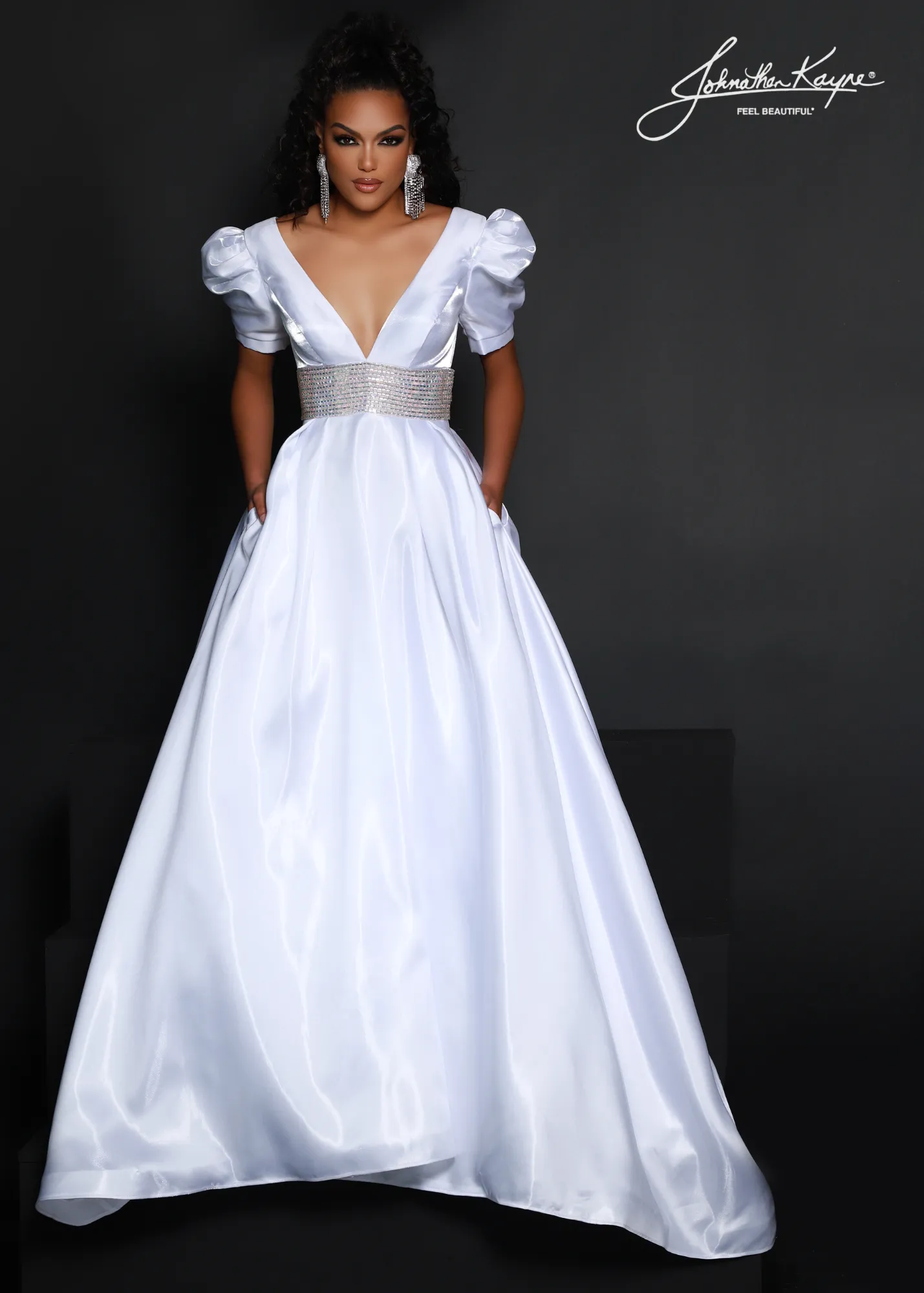 Johnathan Kayne 2692 Shimmer Satin A Line Puff Sleeve Prom Dress Crystal Waist Pageant Gown