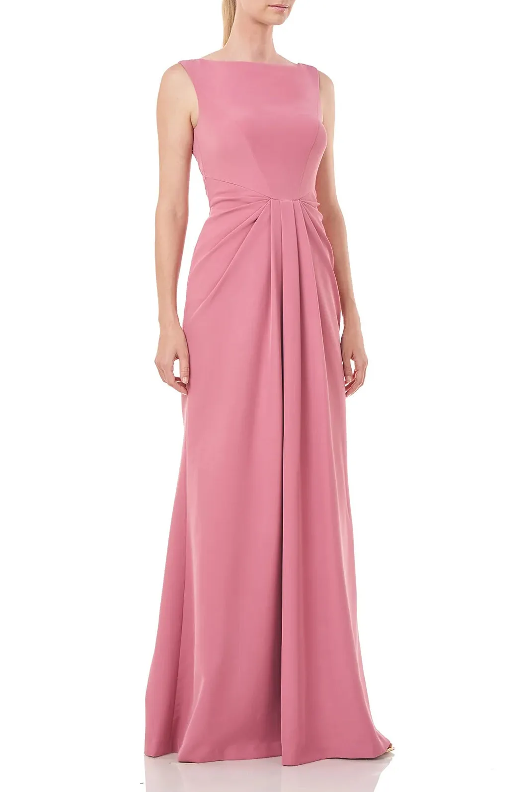Kay Unger Boat Neck Sleeveless Pleated Front Zipper Back Solid Stretch Crepe Gown
