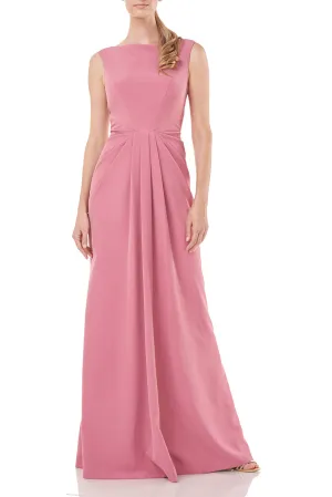 Kay Unger Boat Neck Sleeveless Pleated Front Zipper Back Solid Stretch Crepe Gown