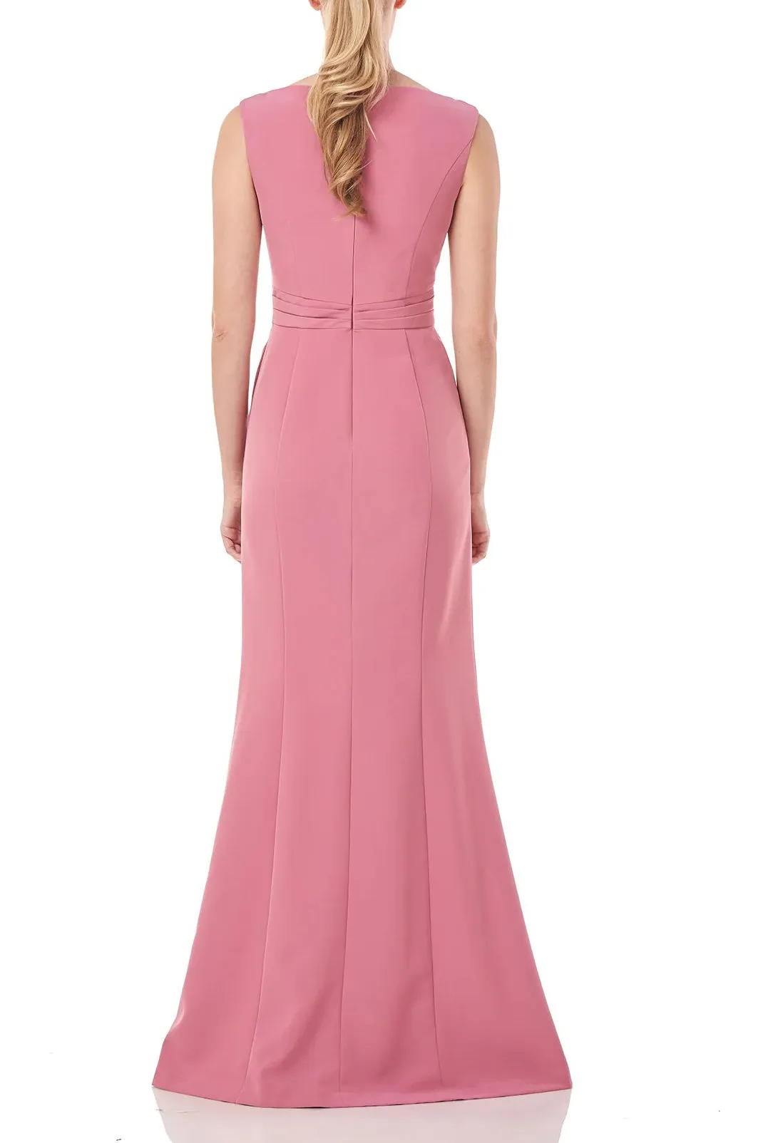 Kay Unger Boat Neck Sleeveless Pleated Front Zipper Back Solid Stretch Crepe Gown