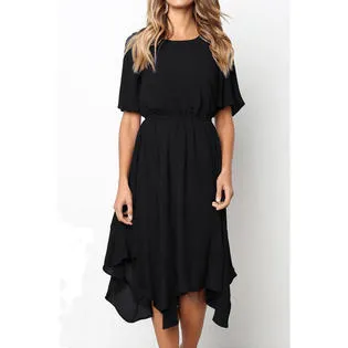 Ketty More Women Short Sleeve Mid Length Slim Waist Solid Colored Round Neck Thin Dress - KMWDC8846