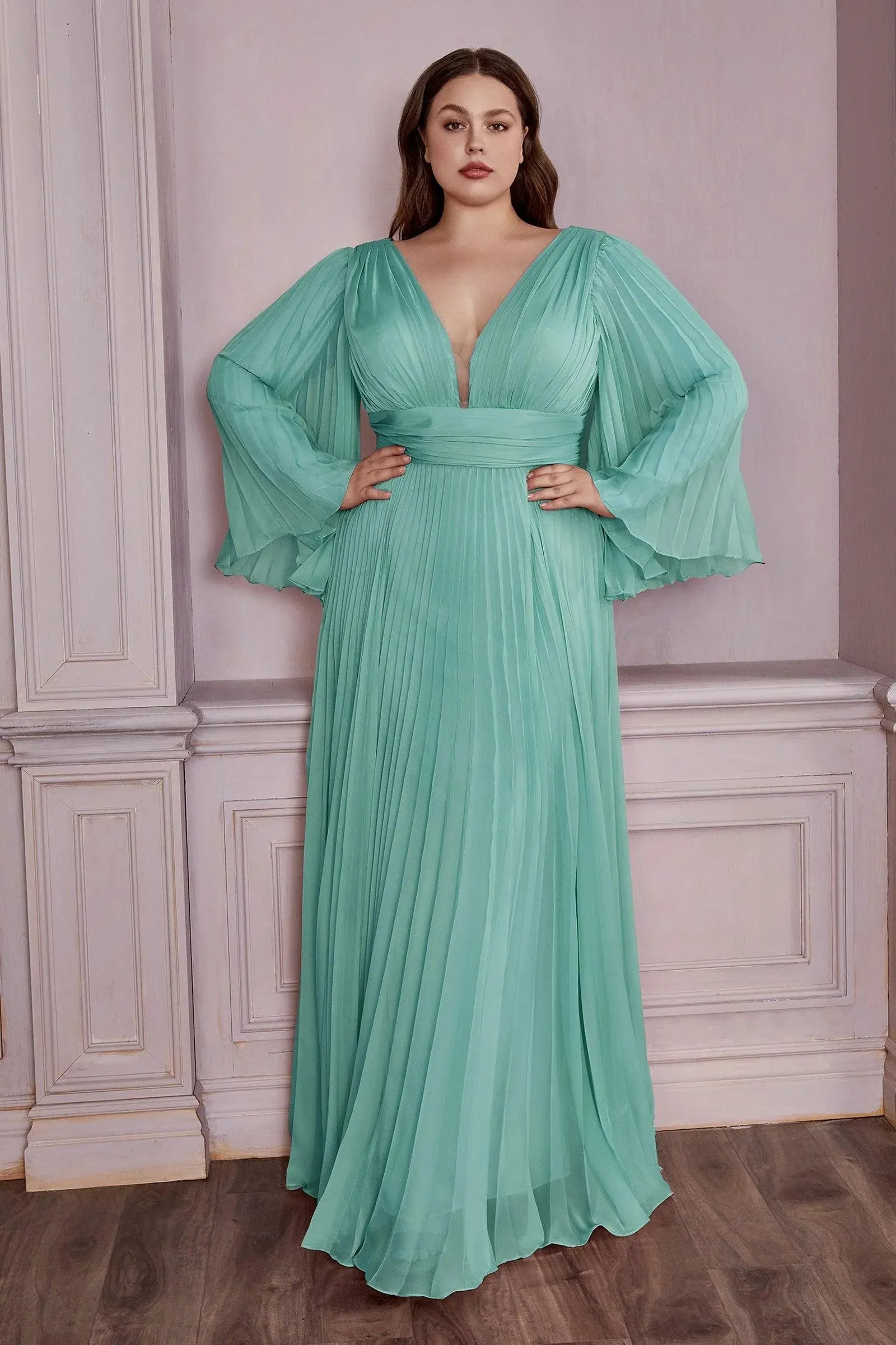 Ladivine CD242 Size 14 Rose Gold Long Formal Dress Pleated Chiffon A Line Bell Sleeve V Neck Bridesmaid Gown
