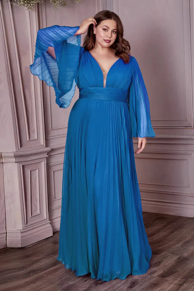 Ladivine CD242 Size 14 Rose Gold Long Formal Dress Pleated Chiffon A Line Bell Sleeve V Neck Bridesmaid Gown