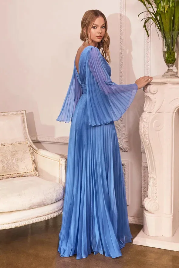 Ladivine CD242 Size 14 Rose Gold Long Formal Dress Pleated Chiffon A Line Bell Sleeve V Neck Bridesmaid Gown