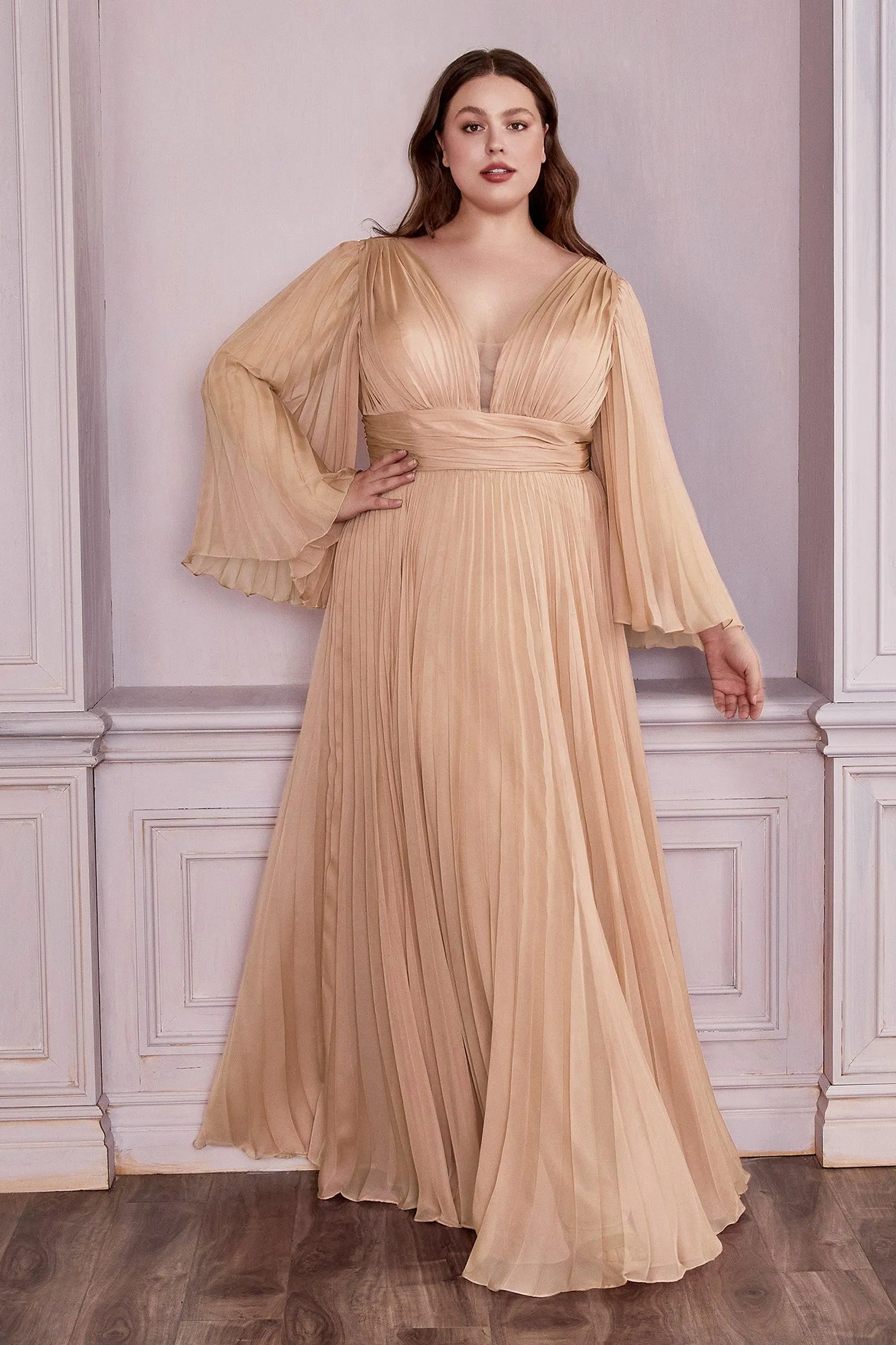 Ladivine CD242 Size 14 Rose Gold Long Formal Dress Pleated Chiffon A Line Bell Sleeve V Neck Bridesmaid Gown