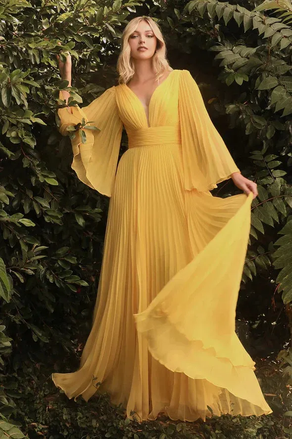 Ladivine CD242 Size 14 Rose Gold Long Formal Dress Pleated Chiffon A Line Bell Sleeve V Neck Bridesmaid Gown