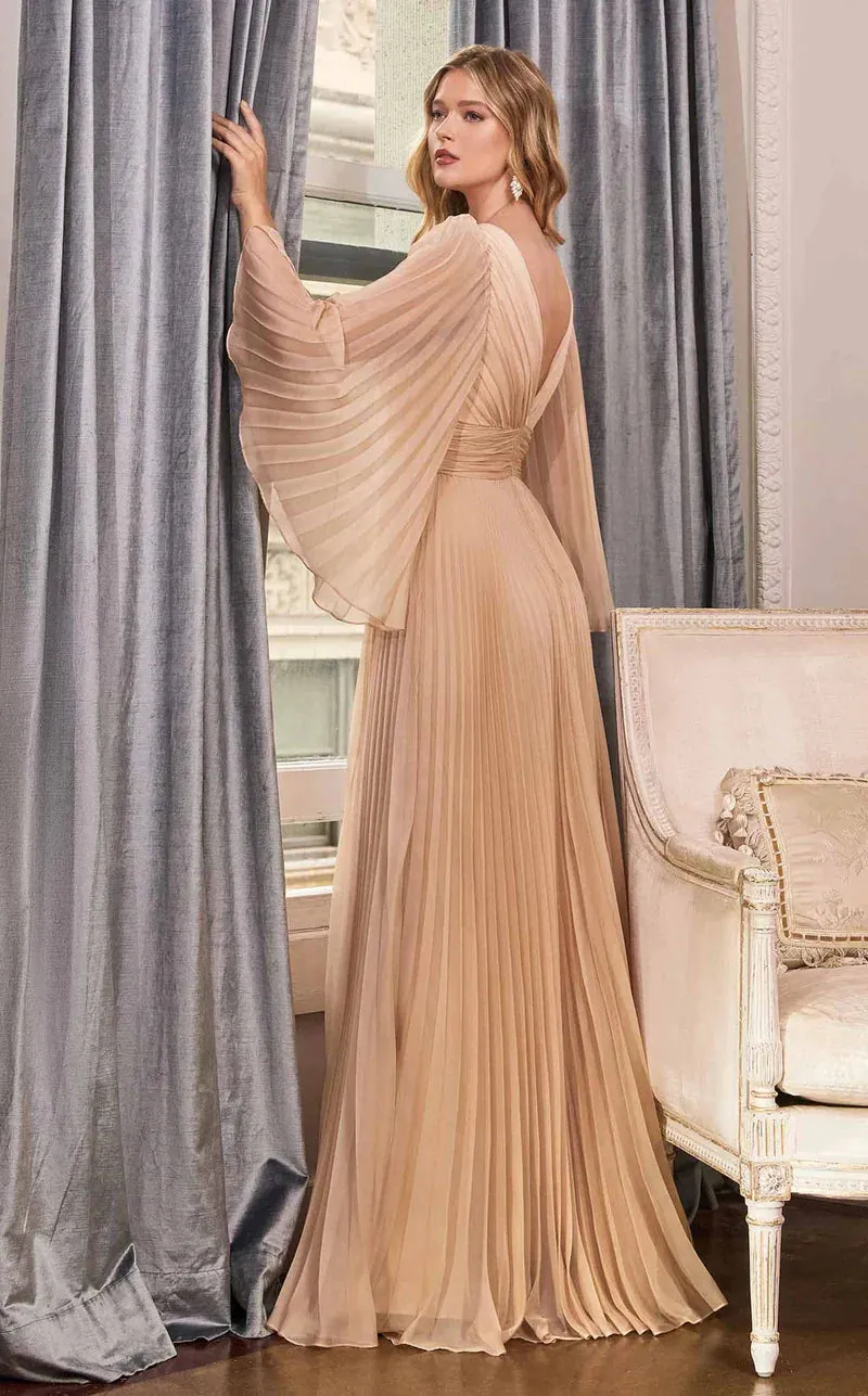 Ladivine CD242 Size 14 Rose Gold Long Formal Dress Pleated Chiffon A Line Bell Sleeve V Neck Bridesmaid Gown