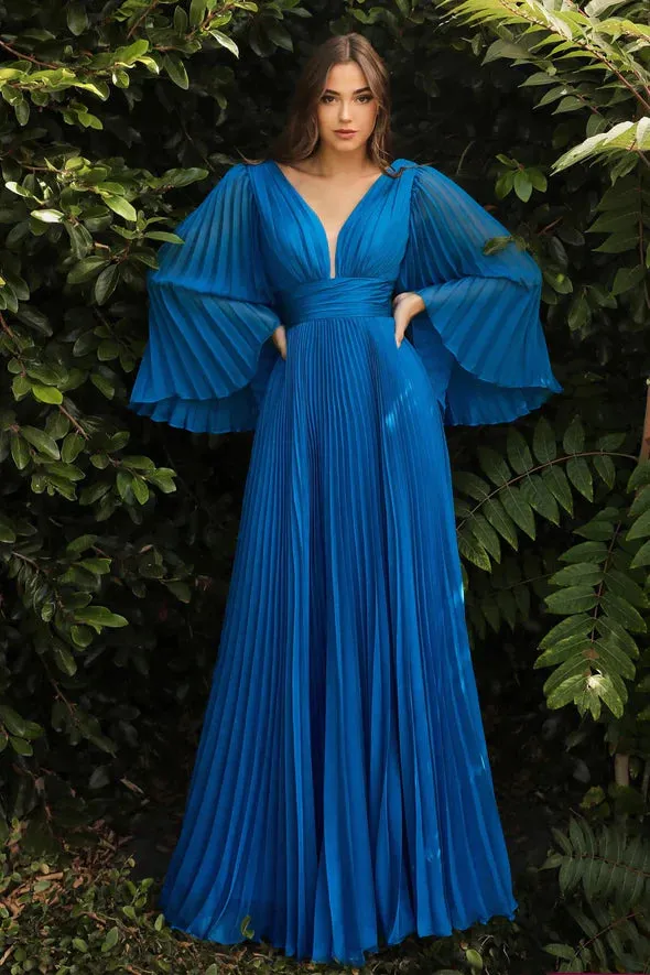 Ladivine CD242 Size 14 Rose Gold Long Formal Dress Pleated Chiffon A Line Bell Sleeve V Neck Bridesmaid Gown