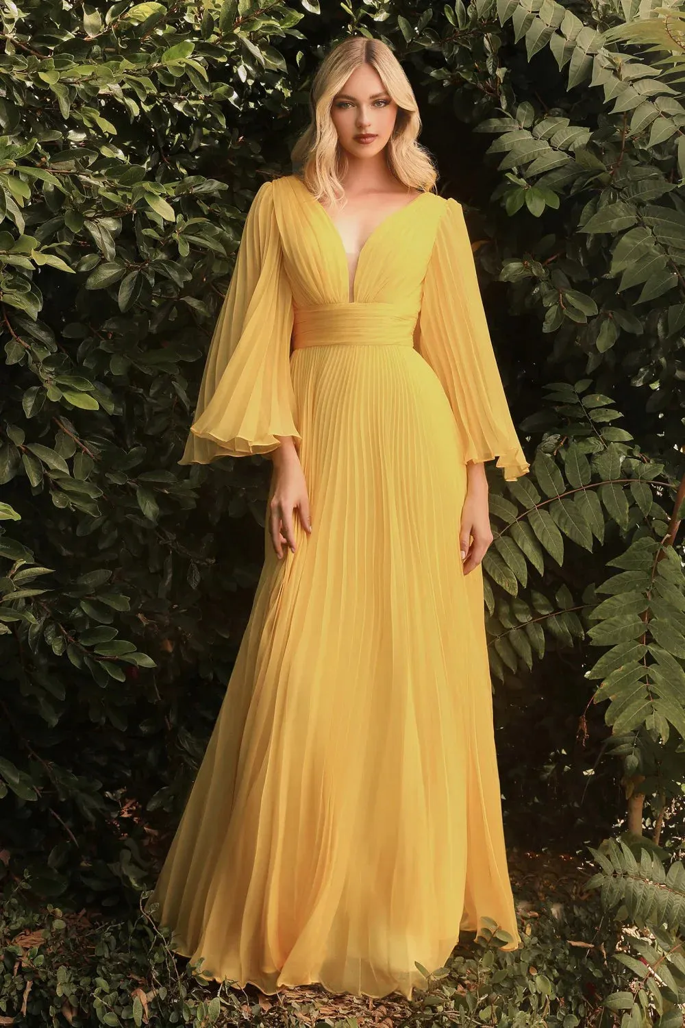 Ladivine CD242 Size 14 Rose Gold Long Formal Dress Pleated Chiffon A Line Bell Sleeve V Neck Bridesmaid Gown
