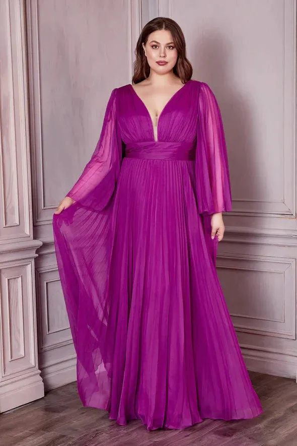 Ladivine CD242 Size 14 Rose Gold Long Formal Dress Pleated Chiffon A Line Bell Sleeve V Neck Bridesmaid Gown