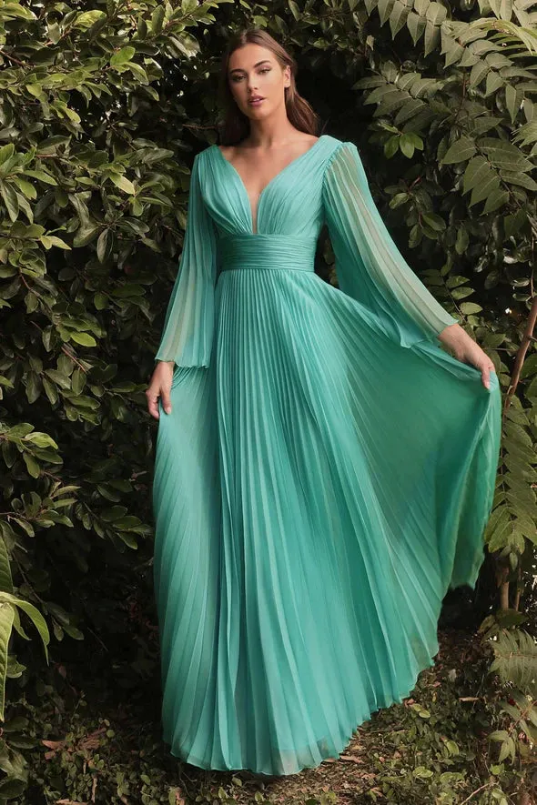 Ladivine CD242 Size 14 Rose Gold Long Formal Dress Pleated Chiffon A Line Bell Sleeve V Neck Bridesmaid Gown