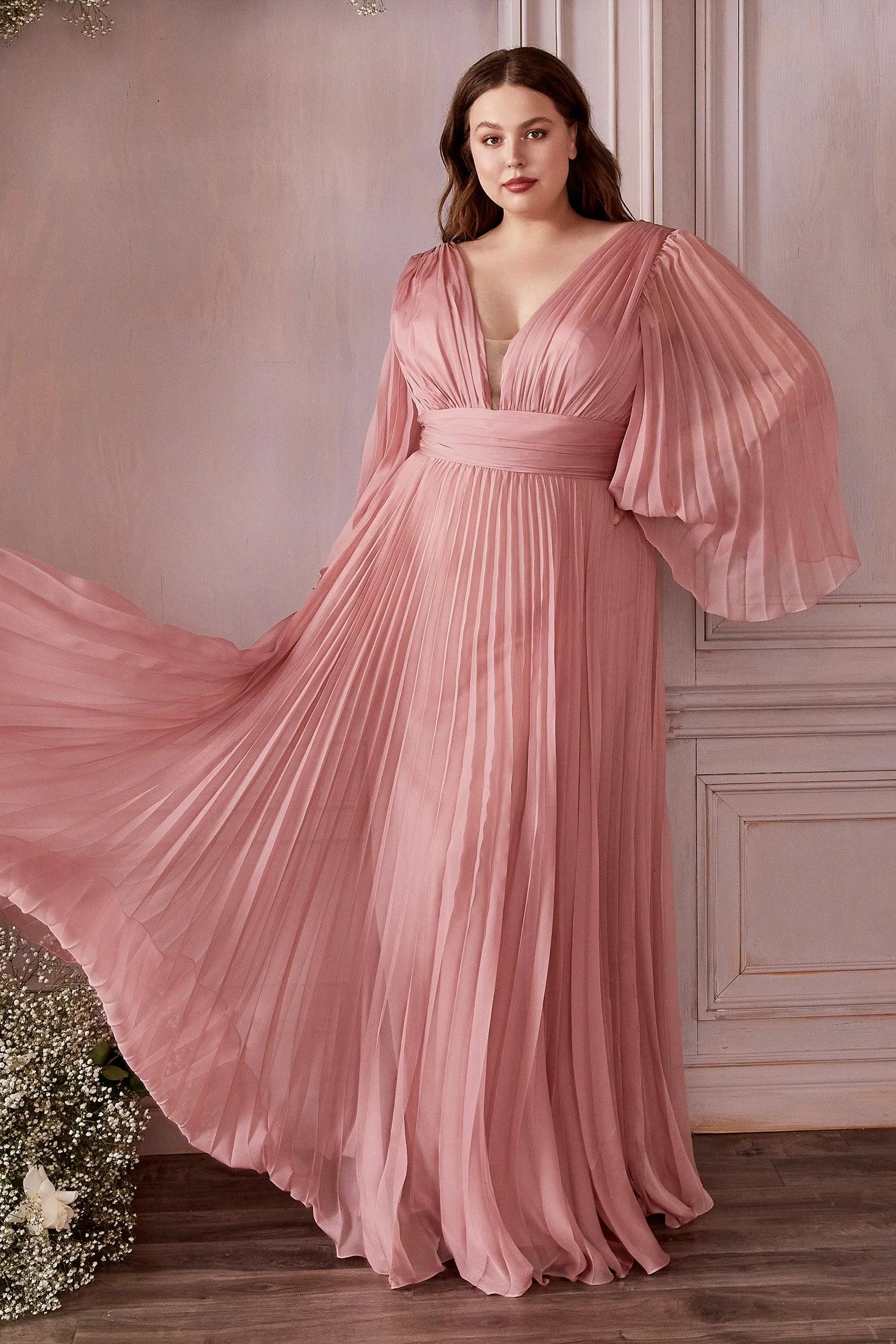 Ladivine CD242 Size 14 Rose Gold Long Formal Dress Pleated Chiffon A Line Bell Sleeve V Neck Bridesmaid Gown