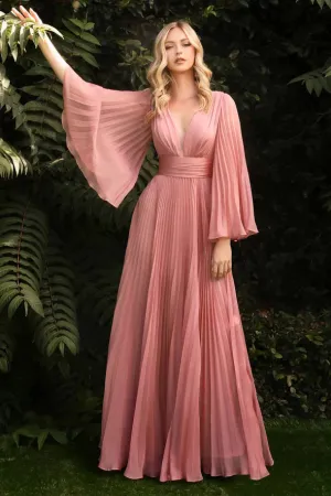 Ladivine CD242 Size 14 Rose Gold Long Formal Dress Pleated Chiffon A Line Bell Sleeve V Neck Bridesmaid Gown