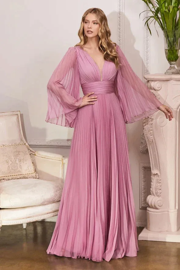 Ladivine CD242 Size 14 Rose Gold Long Formal Dress Pleated Chiffon A Line Bell Sleeve V Neck Bridesmaid Gown
