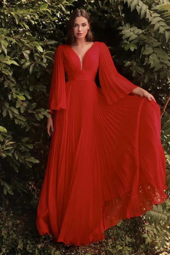 Ladivine CD242 Size 14 Rose Gold Long Formal Dress Pleated Chiffon A Line Bell Sleeve V Neck Bridesmaid Gown