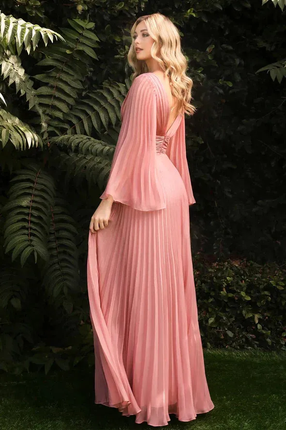 Ladivine CD242 Size 14 Rose Gold Long Formal Dress Pleated Chiffon A Line Bell Sleeve V Neck Bridesmaid Gown