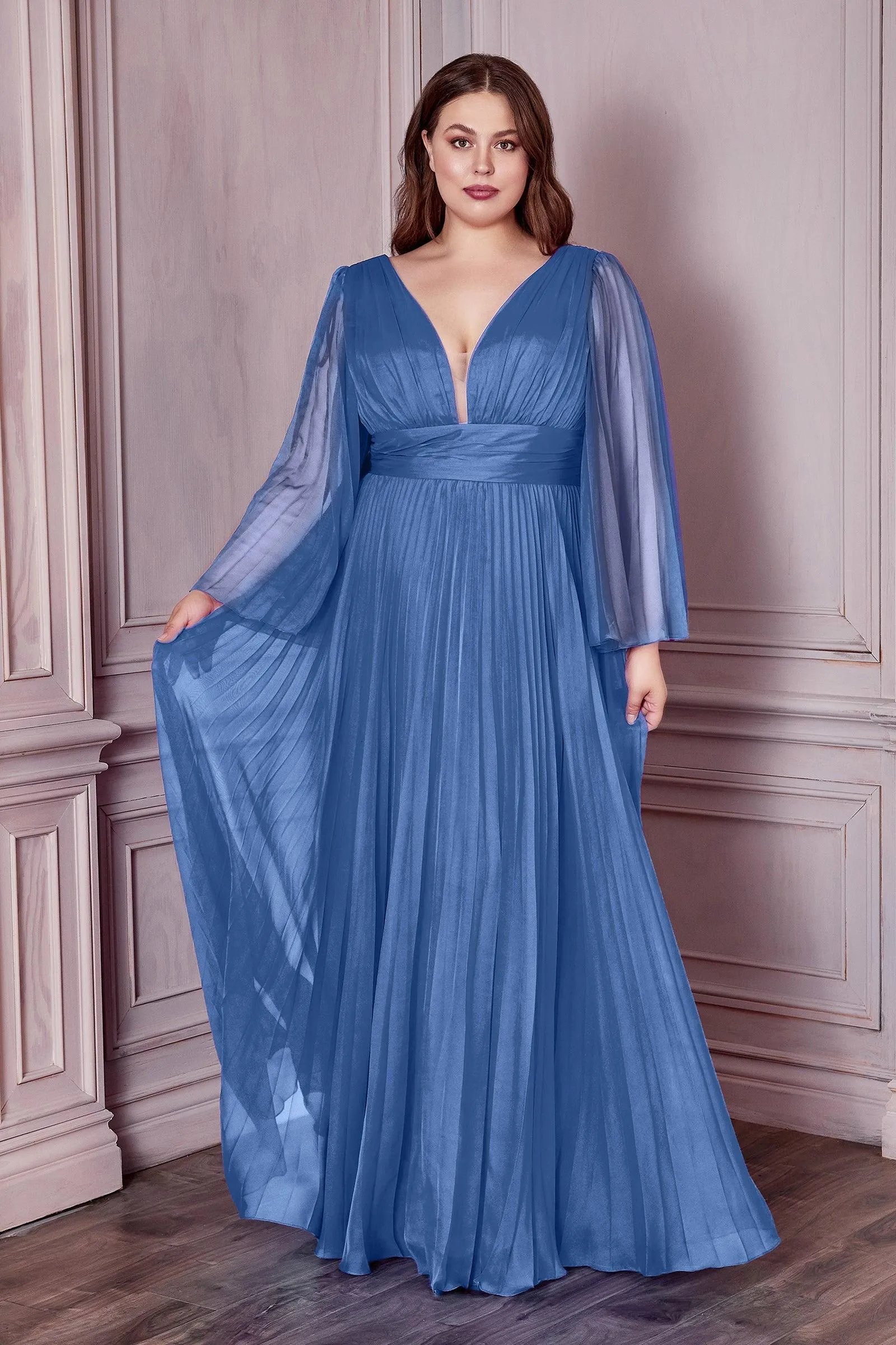 Ladivine CD242 Size 14 Rose Gold Long Formal Dress Pleated Chiffon A Line Bell Sleeve V Neck Bridesmaid Gown