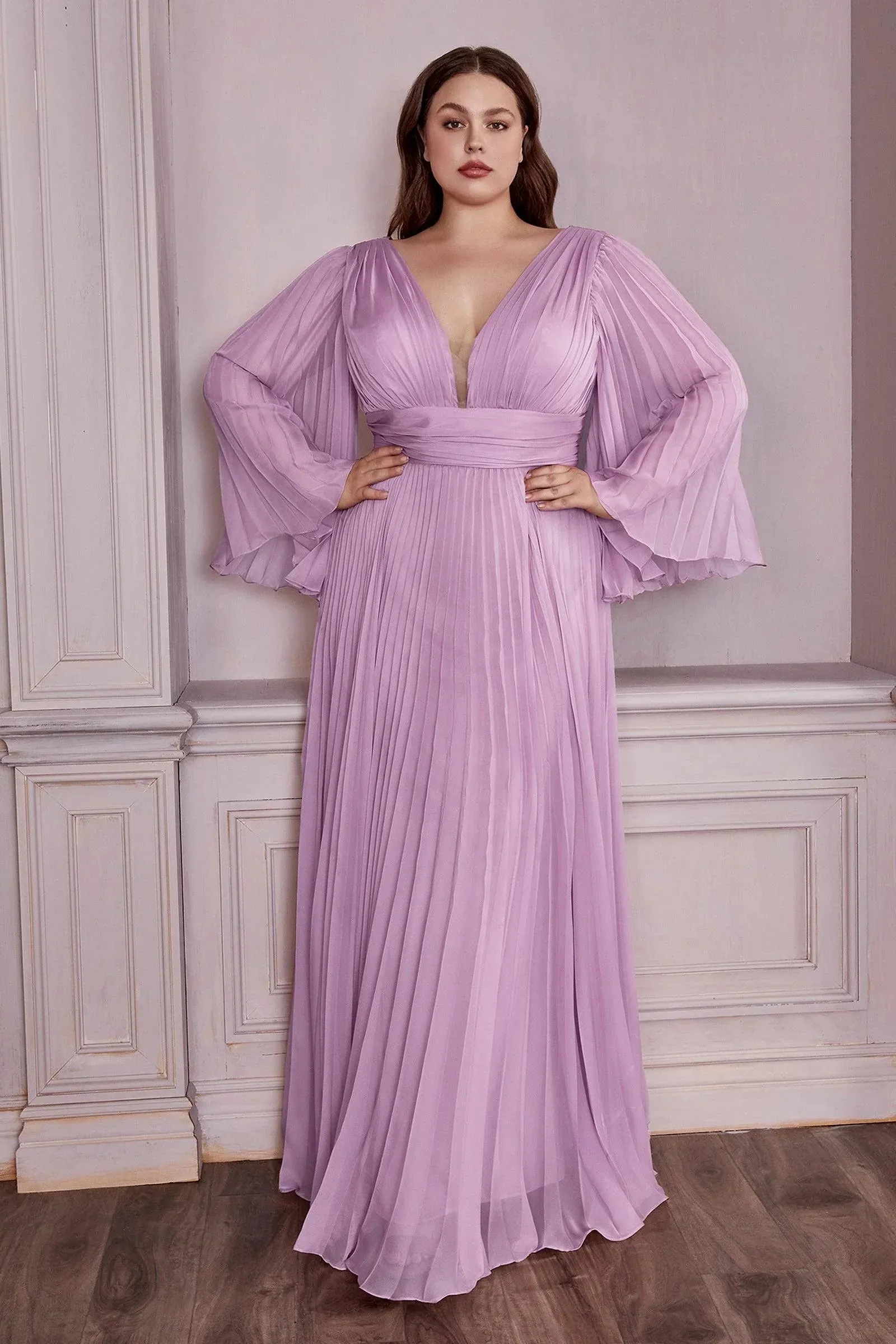 Ladivine CD242 Size 14 Rose Gold Long Formal Dress Pleated Chiffon A Line Bell Sleeve V Neck Bridesmaid Gown