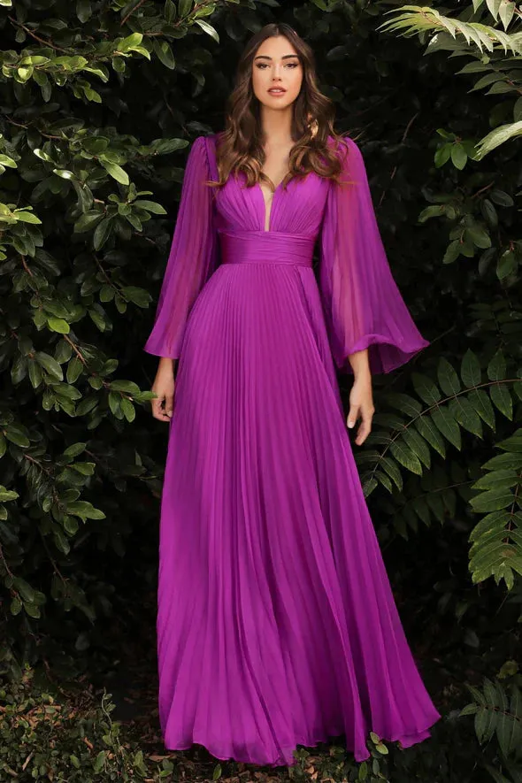Ladivine CD242 Size 14 Rose Gold Long Formal Dress Pleated Chiffon A Line Bell Sleeve V Neck Bridesmaid Gown