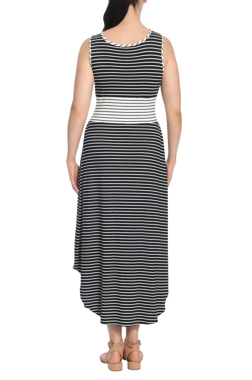 London Times Scoop Nek Sleeveless Tie Waist Stripe Print Rayon Maxi Jersey Dress
