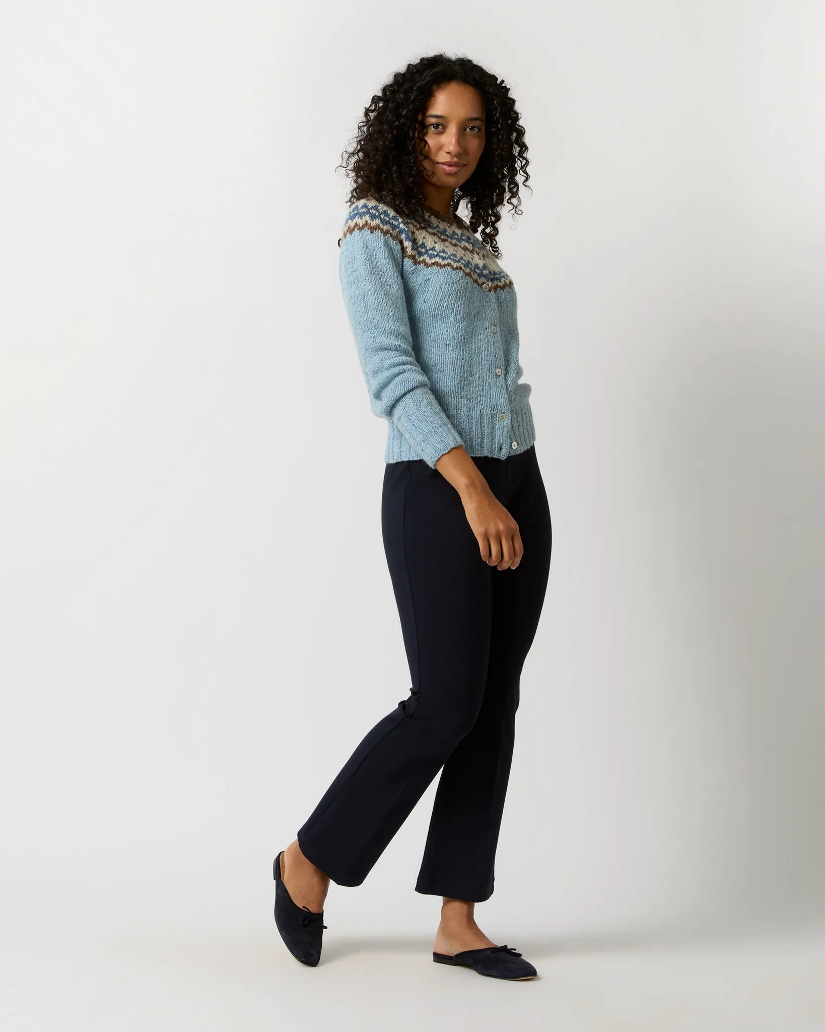 Marge Fair Isle Cardigan in Blue/Brown/Ivory Wool Blend