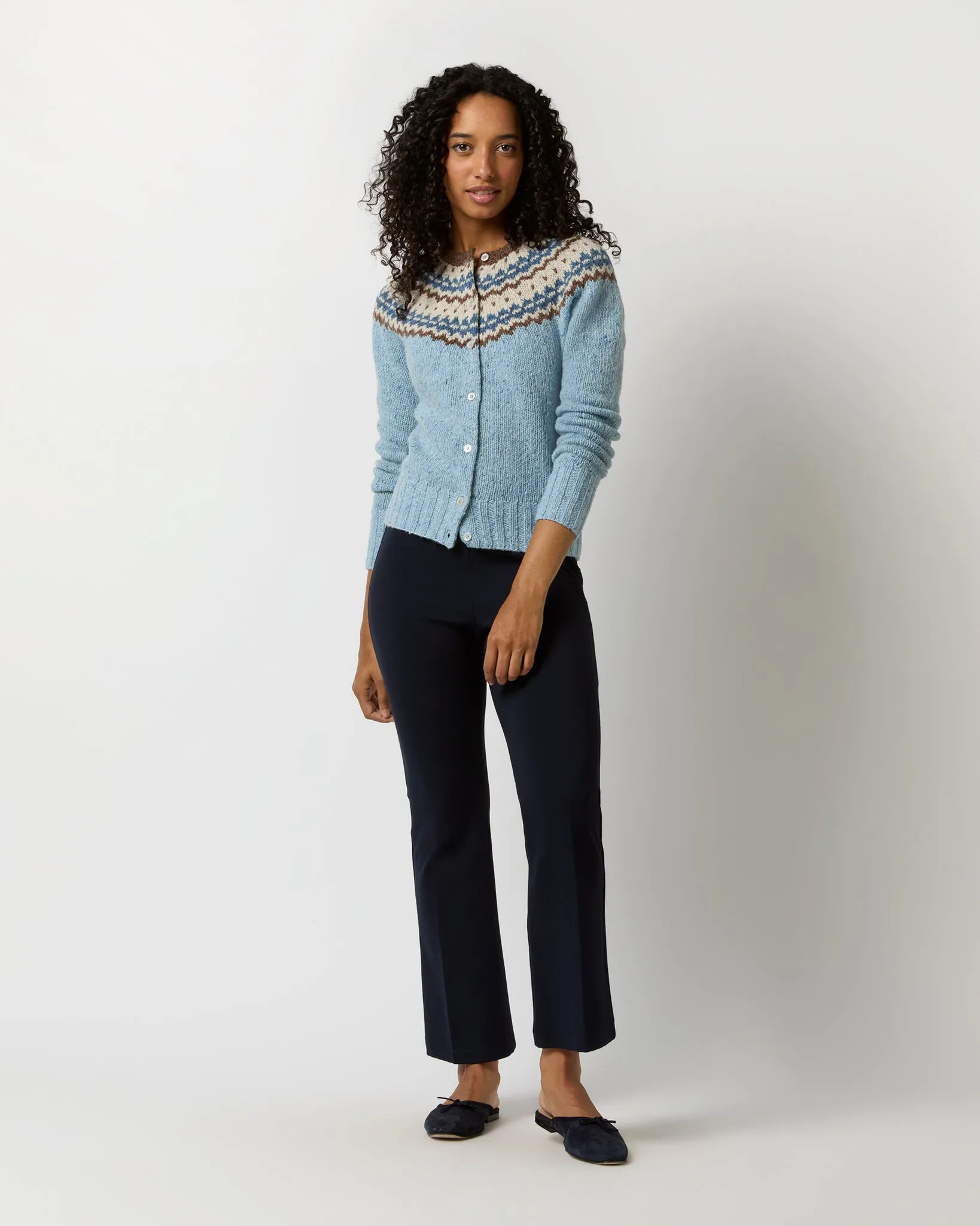 Marge Fair Isle Cardigan in Blue/Brown/Ivory Wool Blend